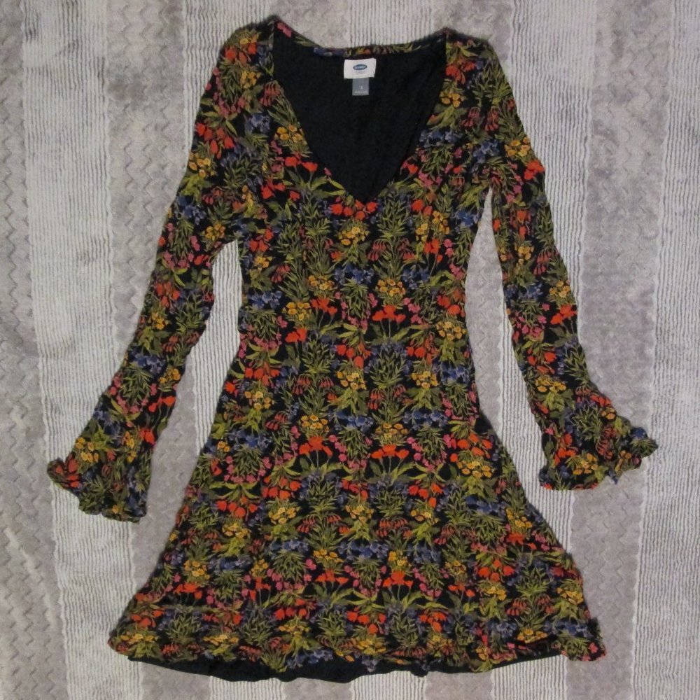 Women's Old Navy Black Green Red Long Sleeve Floral Short Dress 2 S Small MINT